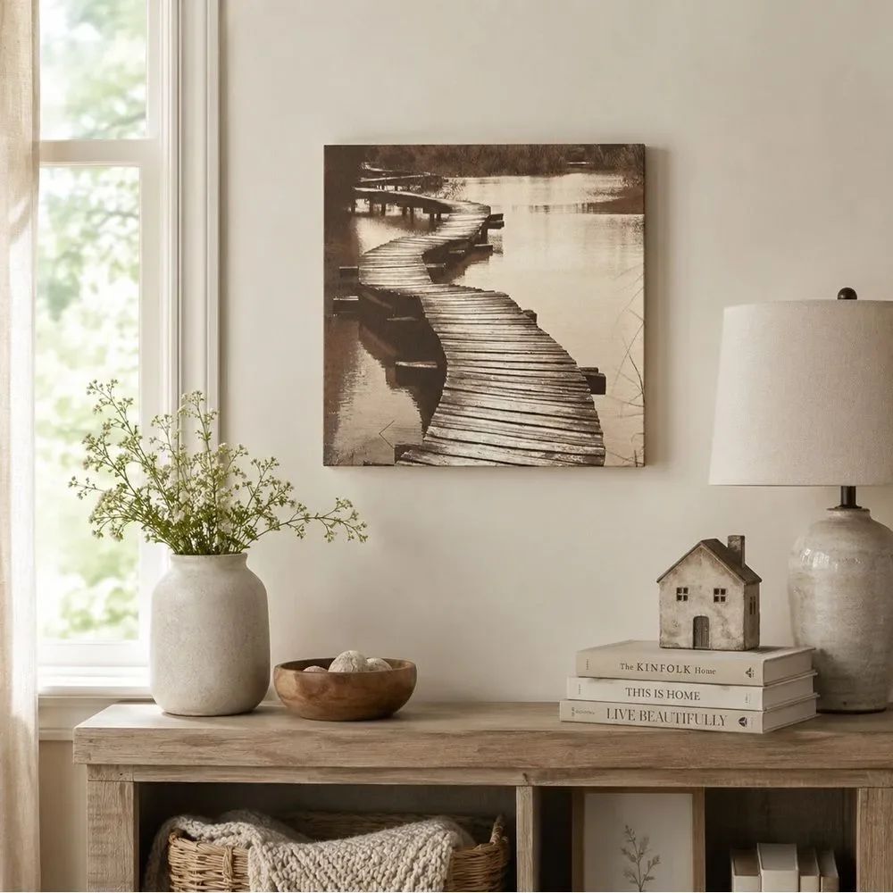 Canvas Photo Print Winding Walking Bridge On Water Blk & White